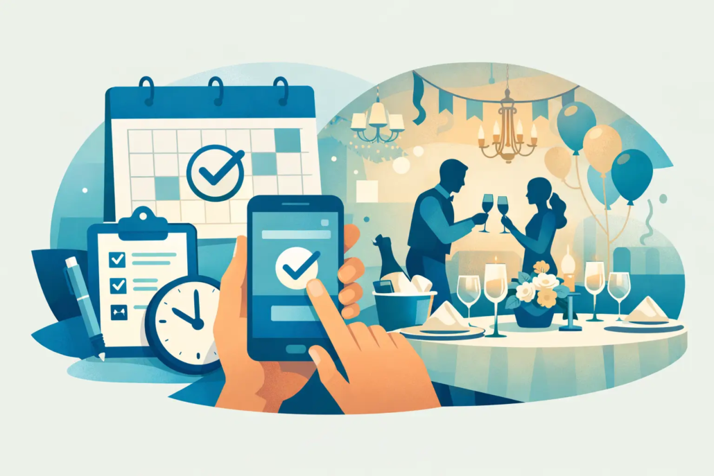 wann-restaurant-fuer-feier-reservieren Illustration zur Reservierung eines Restaurants für eine Feier: Kalender, Checkliste und Smartphone symbolisieren die Planung, während im Hintergrund Gäste an einer festlich gedeckten Tafel anstoßen.