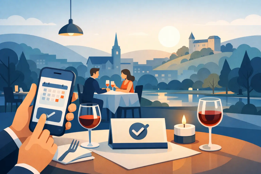 wann-tischreservierung-wochenende-hagen Smartphone mit Tischreservierung vor einem stilvollen Restaurant in Hagen, während ein Paar bei Wein den Abend genießt – Symbolbild für Restaurantreservierungen am Wochenende.