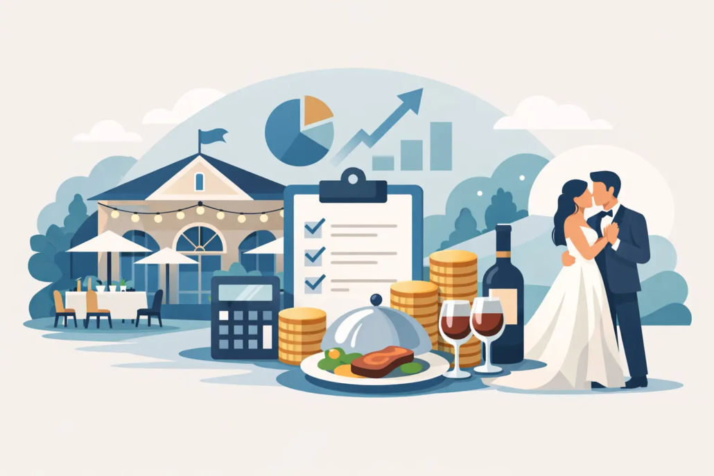 was-kostet-eine-feierlocation-mit-essen Illustration einer Feierlocation mit Restaurant, Menüplanung und Kostenübersicht: Ein Brautpaar, gedeckte Tische, Speisen, Wein, Taschenrechner und Checkliste symbolisieren die Planung und Kosten einer Feier mit Essen.