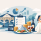Illustration einer Feierlocation mit Restaurant, Menüplanung und Kostenübersicht: Ein Brautpaar, gedeckte Tische, Speisen, Wein, Taschenrechner und Checkliste symbolisieren die Planung und Kosten einer Feier mit Essen.