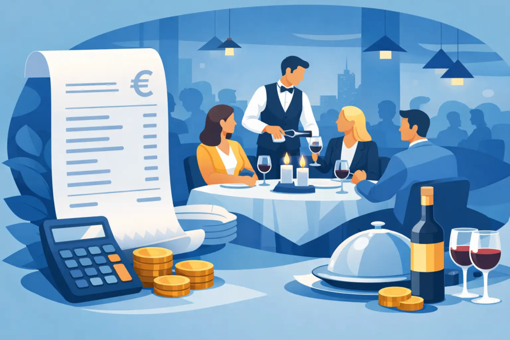 was-kostet-firmenfeier-restaurant Illustration einer Firmenfeier im Restaurant mit Gästen am Tisch, Kellner beim Einschenken von Wein sowie Rechnung, Taschenrechner und Münzen als Symbol für die Kostenplanung.