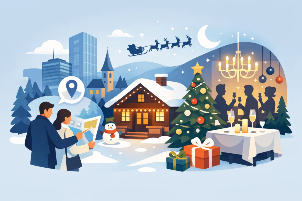Winterliche Illustration zur Planung einer Weihnachtsfeier in Hagen: Vor einer festlich beleuchteten Eventlocation mit Weihnachtsbaum, Geschenken und Schneelandschaft planen zwei Personen eine Feier, während im Hintergrund Gäste bei einem festlichen Dinner anstoßen. Die Szene zeigt eine stimmungsvolle Weihnachtsfeier mit Restaurant, Eventlocation und geselligem Beisammensein in Hagen.