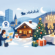 Winterliche Illustration zur Planung einer Weihnachtsfeier in Hagen: Vor einer festlich beleuchteten Eventlocation mit Weihnachtsbaum, Geschenken und Schneelandschaft planen zwei Personen eine Feier, während im Hintergrund Gäste bei einem festlichen Dinner anstoßen. Die Szene zeigt eine stimmungsvolle Weihnachtsfeier mit Restaurant, Eventlocation und geselligem Beisammensein in Hagen.