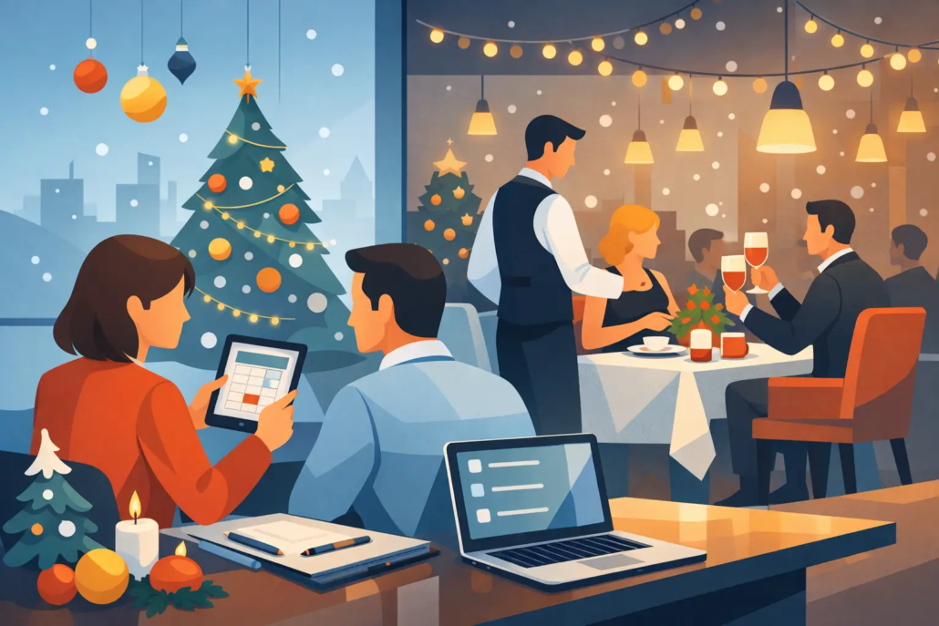 weihnachtsfeier-stressfrei-im-restaurant-planen Illustration einer stressfrei geplanten Weihnachtsfeier im Restaurant: Im Vordergrund organisieren zwei Personen den Termin am Tablet und Laptop, während im Hintergrund Gäste in festlich dekorierter Atmosphäre gemeinsam essen, anstoßen und den Abend genießen. Ein geschmückter Weihnachtsbaum und warme Lichter sorgen für eine gemütliche Stimmung.