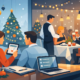Illustration einer stressfrei geplanten Weihnachtsfeier im Restaurant: Im Vordergrund organisieren zwei Personen den Termin am Tablet und Laptop, während im Hintergrund Gäste in festlich dekorierter Atmosphäre gemeinsam essen, anstoßen und den Abend genießen. Ein geschmückter Weihnachtsbaum und warme Lichter sorgen für eine gemütliche Stimmung.