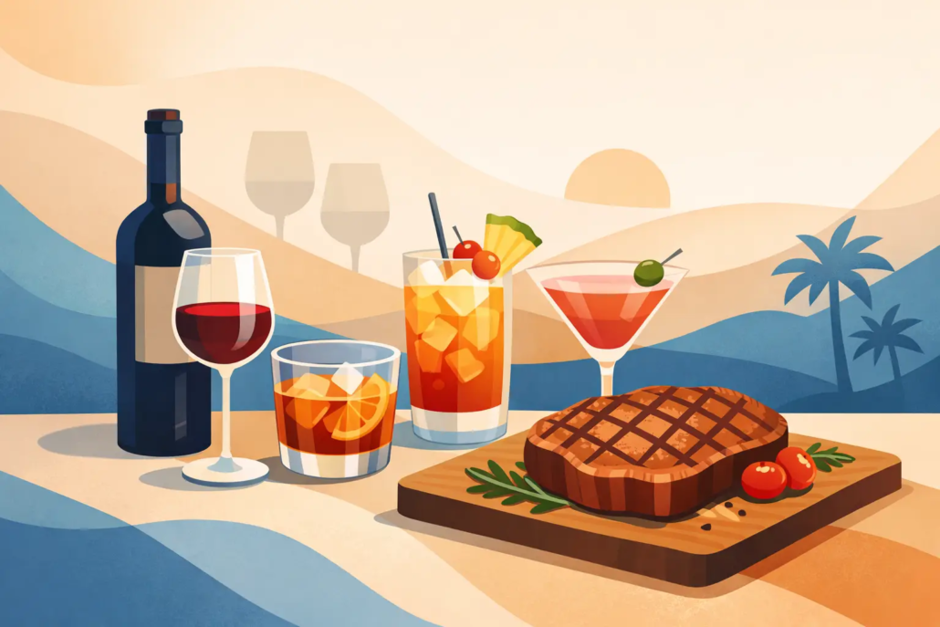 welche-drinks-passen-zu-steaks Illustration eines gegrillten Steaks mit Rotwein und verschiedenen Cocktails als passende Getränkebegleitung zum Steak.
