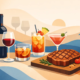 Illustration eines gegrillten Steaks mit Rotwein und verschiedenen Cocktails als passende Getränkebegleitung zum Steak.