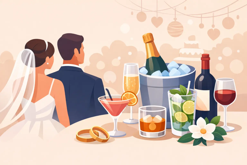welche-getraenke-fuer-hochzeitsgaeste Brautpaar vor einer festlich gedeckten Hochzeitstafel mit Sekt, Wein, Cocktails und alkoholfreien Getränken – Symbolbild für die Getränkeauswahl auf einer Hochzeitsfeier.