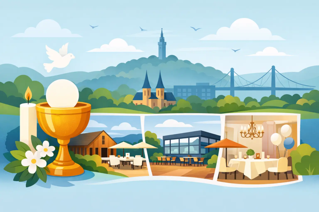 welche-location-passt-zur-kommunion-hagen Illustration zur Kommunion in Hagen mit Kelch, Kerze, Kirche und verschiedenen festlichen Locations für eine Familienfeier.