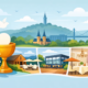 Illustration zur Kommunion in Hagen mit Kelch, Kerze, Kirche und verschiedenen festlichen Locations für eine Familienfeier.