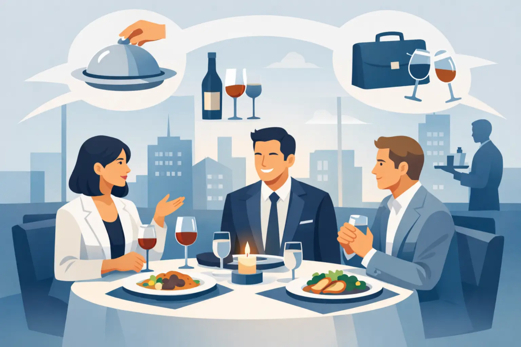 welches-restaurant-fuer-business-dinner Drei Geschäftspartner sitzen bei einem Business-Dinner im Restaurant, genießen Essen und Wein und sprechen über Service, Atmosphäre und die Eignung der Location für geschäftliche Treffen.
