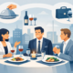 Drei Geschäftspartner sitzen bei einem Business-Dinner im Restaurant, genießen Essen und Wein und sprechen über Service, Atmosphäre und die Eignung der Location für geschäftliche Treffen.