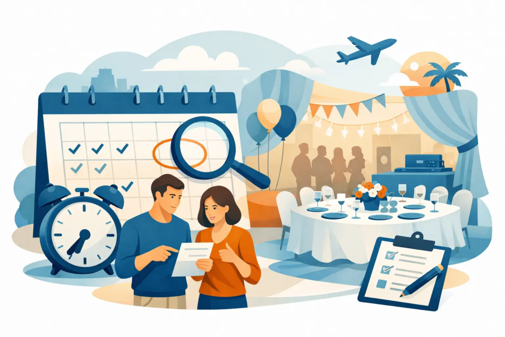 wie-frueh-feier-reservieren Illustration zur frühzeitigen Reservierung einer Feier mit Kalender, Uhr, Checkliste und festlich gedeckter Eventlocation.