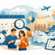 Illustration zur frühzeitigen Reservierung einer Feier mit Kalender, Uhr, Checkliste und festlich gedeckter Eventlocation.
