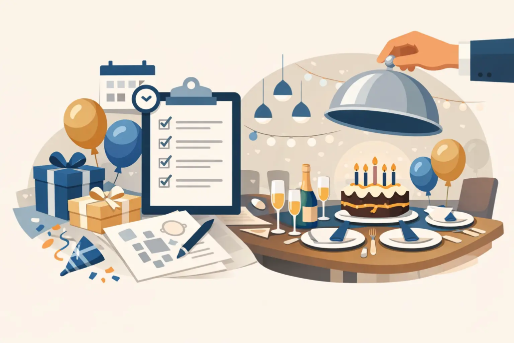 wie-geburtstagsdinner-im-restaurant-vorbereiten Illustration zur Vorbereitung eines Geburtstagsdinners im Restaurant mit Checkliste, Geschenken, Ballons, Geburtstagstorte und festlich gedecktem Tisch.