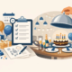 Illustration zur Vorbereitung eines Geburtstagsdinners im Restaurant mit Checkliste, Geschenken, Ballons, Geburtstagstorte und festlich gedecktem Tisch.