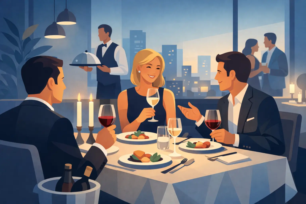 wie-sie-ein-business-dinner-ausrichten Illustration eines Business-Dinners im Restaurant mit Geschäftsleuten beim gemeinsamen Essen und Wein, stilvoll gedecktem Tisch sowie aufmerksamem Service – professionelle Atmosphäre für Meetings und Kundengespräche.