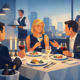 Illustration eines Business-Dinners im Restaurant mit Geschäftsleuten beim gemeinsamen Essen und Wein, stilvoll gedecktem Tisch sowie aufmerksamem Service – professionelle Atmosphäre für Meetings und Kundengespräche.