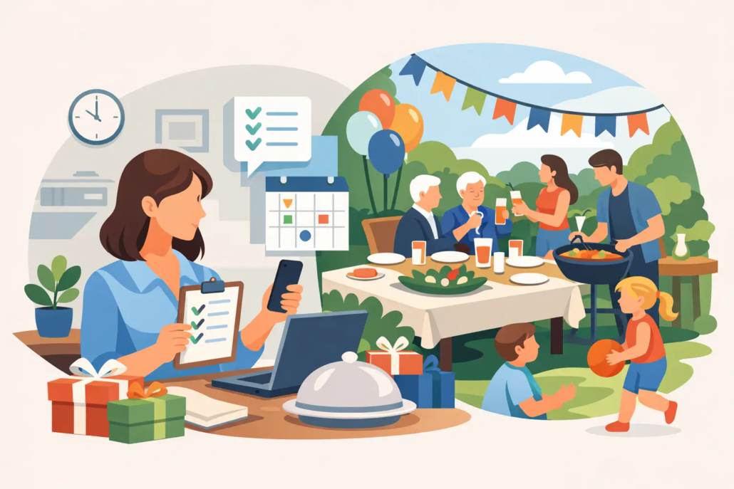 wie-sie-eine-familienfeier-entspannt-organisieren Illustration zur entspannten Planung einer Familienfeier mit Checkliste, Kalender und Geschenken sowie einer fröhlichen Familie beim gemeinsamen Essen und Feiern im Garten.