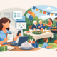 Illustration zur entspannten Planung einer Familienfeier mit Checkliste, Kalender und Geschenken sowie einer fröhlichen Familie beim gemeinsamen Essen und Feiern im Garten.