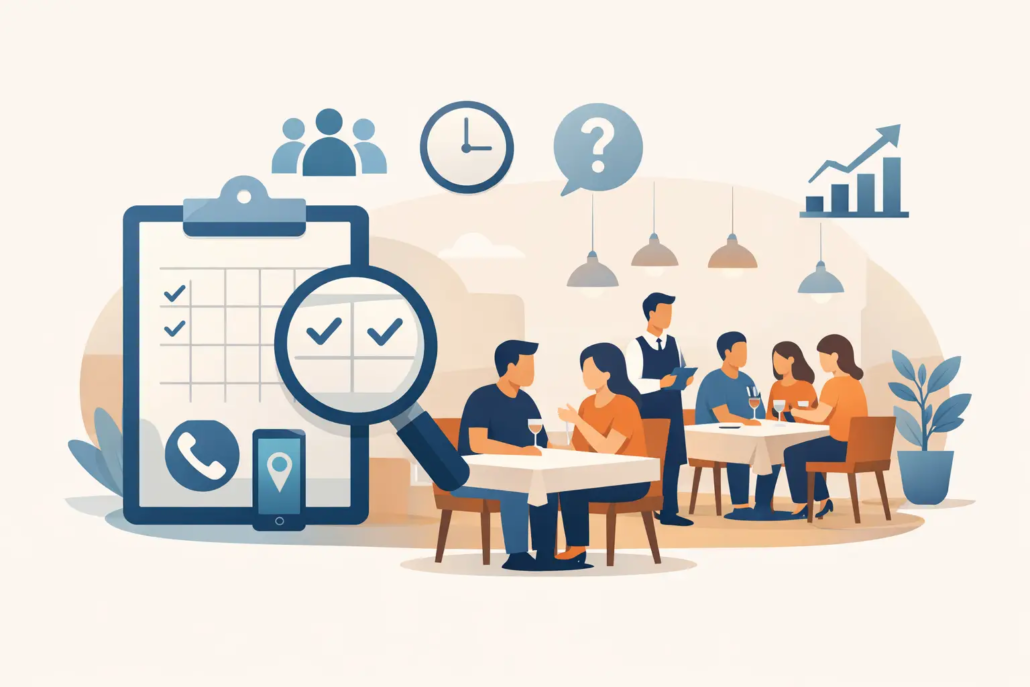 Illustration einer Restaurantreservierung mit Gästen an Tischen, Servicepersonal sowie Symbolen für Terminplanung, Personenzahl und Organisation – passend zum Thema Restaurantreservierung und Gästeanzahl.