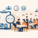 Illustration einer Restaurantreservierung mit Gästen an Tischen, Servicepersonal sowie Symbolen für Terminplanung, Personenzahl und Organisation – passend zum Thema Restaurantreservierung und Gästeanzahl.
