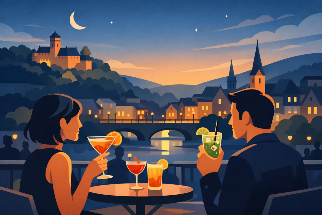 Illustration eines Paars mit Cocktails auf einer Terrasse am Fluss bei Sonnenuntergang mit Blick auf die beleuchtete Altstadt von Hagen.