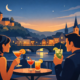 Illustration eines Paars mit Cocktails auf einer Terrasse am Fluss bei Sonnenuntergang mit Blick auf die beleuchtete Altstadt von Hagen.