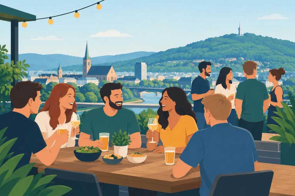 wo-feiern-grosse-gruppen-hagen Große Gruppe feiert gemeinsam mit Getränken auf einer Terrasse mit Blick über Hagen.