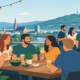 Große Gruppe feiert gemeinsam mit Getränken auf einer Terrasse mit Blick über Hagen.