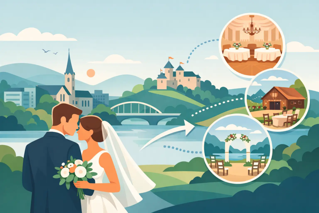 Brautpaar vor einer idyllischen Landschaft in Hagen mit Fluss, Kirche und Schloss im Hintergrund. Daneben sind verschiedene Hochzeitslocations dargestellt: ein eleganter Festsaal, eine rustikale Scheune und eine romantische Outdoor-Trauung am Wasser. Die Illustration symbolisiert die Suche nach der passenden Hochzeitslocation in Hagen für eine unvergessliche Hochzeit mit individuellem Ambiente.