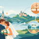 Brautpaar vor einer idyllischen Landschaft in Hagen mit Fluss, Kirche und Schloss im Hintergrund. Daneben sind verschiedene Hochzeitslocations dargestellt: ein eleganter Festsaal, eine rustikale Scheune und eine romantische Outdoor-Trauung am Wasser. Die Illustration symbolisiert die Suche nach der passenden Hochzeitslocation in Hagen für eine unvergessliche Hochzeit mit individuellem Ambiente.